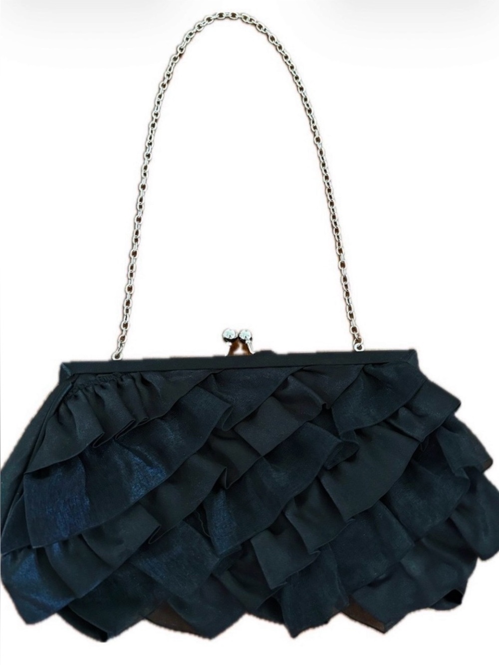 White House Black Market Black Satin Ruffle Clutch Evening Bag, Silver Chain